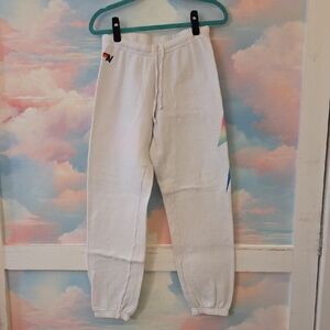 Aviator Nation White Jogger Sweatpants With Ombre Rainbow Bolt Size L